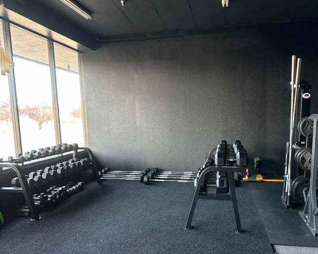 The image shows an empty gym space with a black wall, a set of dumbbells on racks, a weight bench, and various workout equipment on a black and gray carpeted floor.