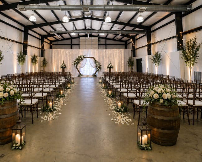 The image depicts a wedding ceremony setup inside a large industrial space, featuring rows of wooden chairs, floral arrangements, and decor including barrels and candles.