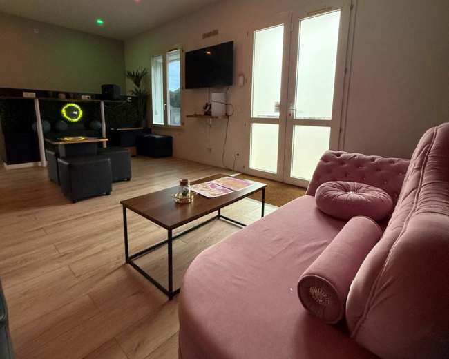 The image shows a cozy living room with a pink couch, a coffee table, a television mounted on the wall, and large windows letting in natural light.