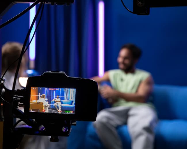 A video camera captures a conversation between two people seated on a blue couch, with colorful lights illuminating the background.