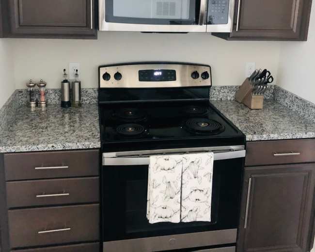 The image shows a modern kitchen corner with a stainless steel stove and microwave above it, surrounded by dark cabinets and a speckled granite countertop.
