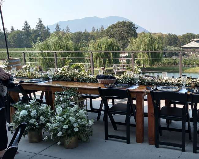 A long wooden table is elegantly set with plates and decorated with greenery, overlooking a tranquil landscape that includes a river and mountains.