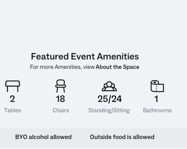 The featured event amenities, including 2 tables, 18 chairs, a capacity for 25 standing or 24 seated guests, and 1 bathroom, with notes on permitted outside food and alcohol.