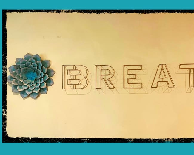 The word "BREATHE" styled in a geometric wireframe design alongside a blue decorative flower on a wall.