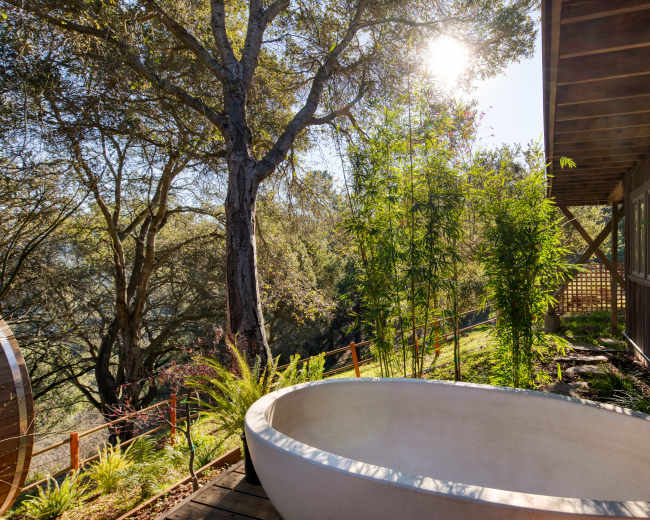 A freestanding white bathtub is positioned on a wooden deck surrounded by plants and trees, with sunlight filtering through the branches.