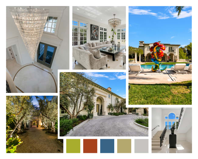 The image showcases various views of a luxurious home, featuring a grand entryway, a modern living area with a chandelier, a poolside area with colorful decor, and landscaped paths surrounded by greenery.