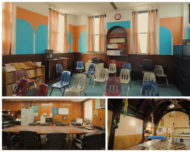 Two distinct rooms: the top showcases a classroom with colorful walls and chairs arranged for instruction, while the bottom displays a spacious communal room with a large table and kitchen area.
