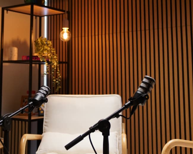 The image shows a modern interview setup with two microphones on stands positioned in front of an empty chair against a backdrop of vertical wooden paneling.