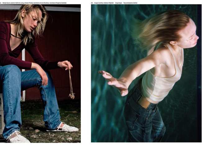 The left features a model sitting on a concrete block, wearing a maroon top and jeans, while the image on the right shows a model underwater, wearing a white tank top and blue jeans.