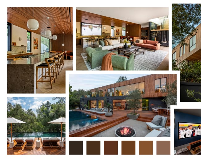 The image showcases a modern residence with a mix of indoor and outdoor living spaces, featuring wooden accents, a pool, and a cozy firepit area.