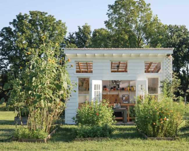 A small, white shed with open doors is surrounded by various plants and flowers in a green garden.