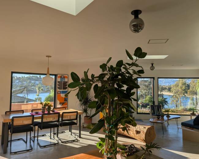 The image shows a modern interior space featuring a dining area with black chairs and a wooden table, large windows offering a view of water and trees, and a potted plant in the foreground.