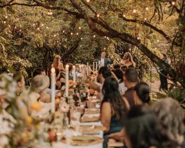 A long table set for a dinner party is illuminated by hanging lights and surrounded by lush greenery.