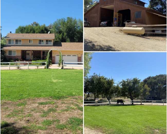 The image features a suburban property with a two-story house, a large barn, and a green lawn, along with trees and horses in a fenced area.