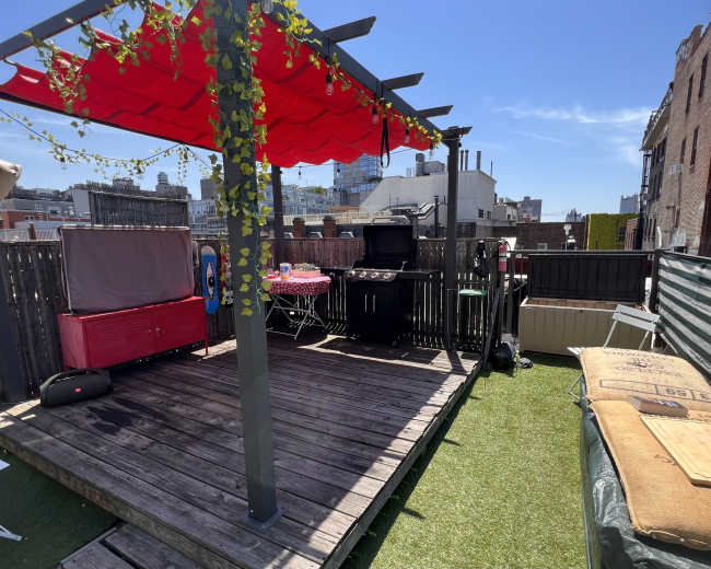 The image shows a rooftop patio with a red canopy, a barbecue grill, a table with pink and white tablecloth, and a view of surrounding buildings under a clear blue sky.