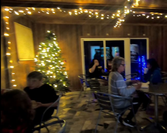 A group of people sits at tables in a warmly lit indoor space decorated with holiday lights and a Christmas tree.