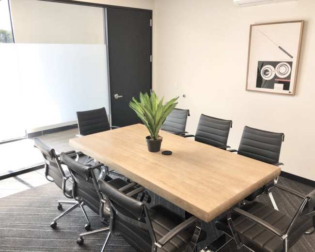 The image shows a modern meeting room with a large wooden table surrounded by black rolling chairs and a green plant centerpiece.