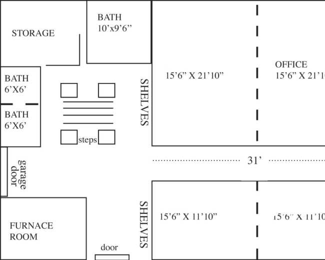 A detailed floor plan showing the layout of a building with labeled rooms such as a lounge, office, and kitchen, along with dimensions for each space.