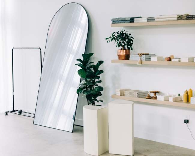 A large, curved mirror leans against a white wall next to a potted plant and a minimalist shelf displaying various items.