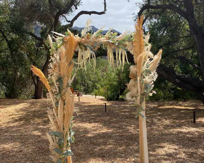 An arch made of dried palm fronds and greenery stands in a wooded area with trees and a mountainous backdrop.