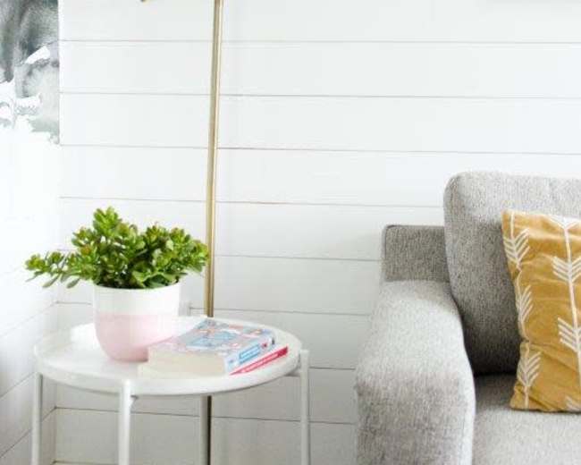 A floor lamp with a brass finish stands next to a gray couch on a white shiplap wall, accompanied by a small potted plant and books on a side table.