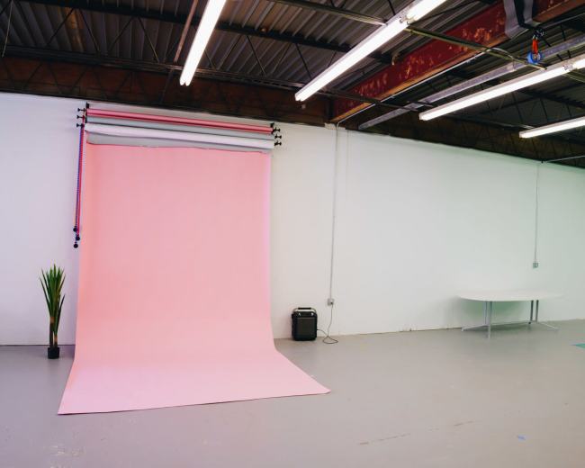 The image shows a studio space with a pink backdrop, a table, a plant, and a speaker against a white wall.