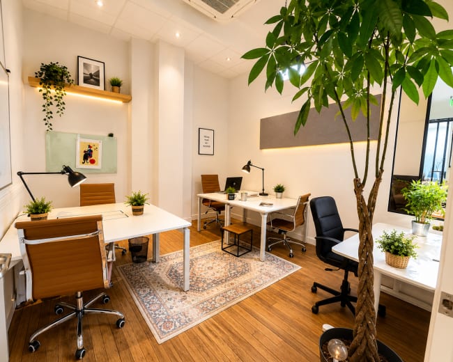 The image shows a modern office space with several workstations, plants, and wooden flooring.