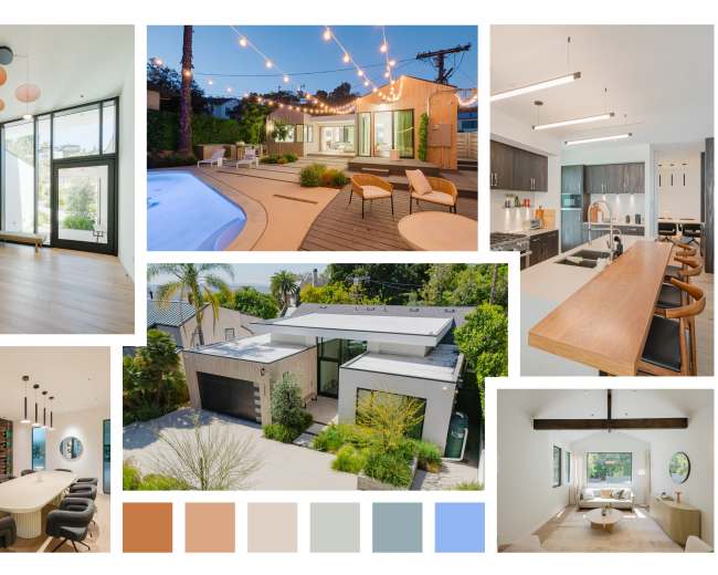 The image showcases various modern interior and exterior designs of a residential property, including a pool area, kitchen, dining space, and outdoor seating.