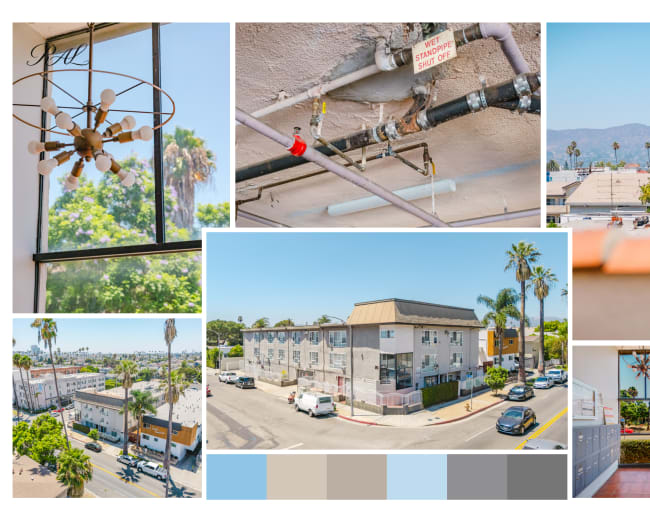 The image collage features a variety of scenes from a neighborhood, including a chandelier, plumbing details, palm trees, and a multi-story building, all set against a bright blue sky.