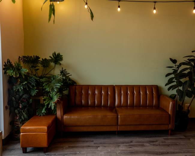 The image shows a brown leather couch with button-tufting next to a small ottoman, positioned against a light green wall adorned with plants and string lights above.