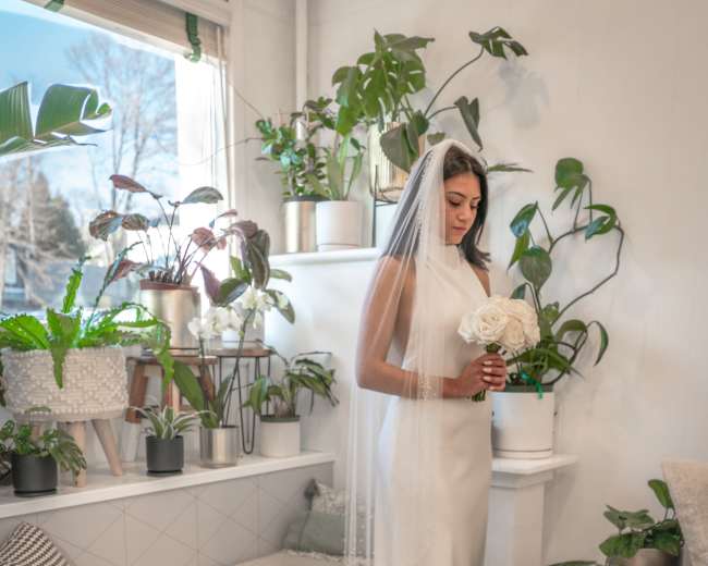 A bride in a long white dress and veil stands in a sunlit room filled with potted plants, holding a bouquet of flowers.