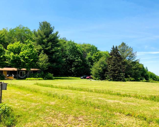 A grassy field bordered by trees features a house and parked cars under a clear blue sky.