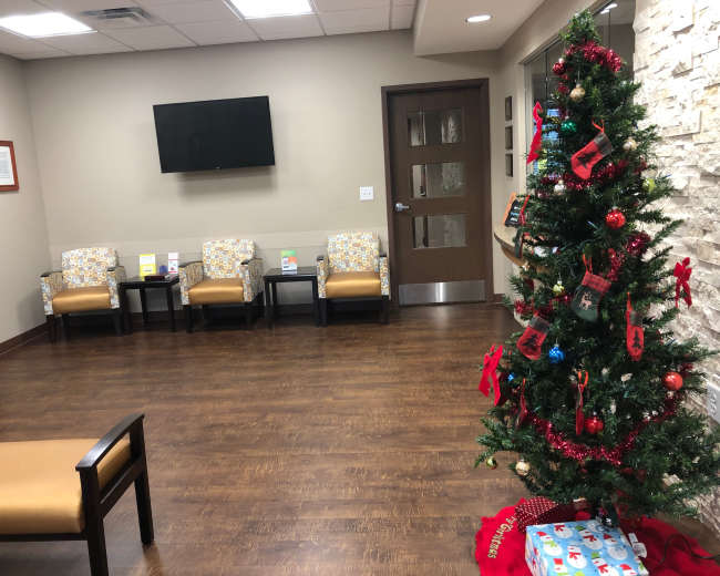 The image shows a waiting room with three patterned chairs, a flat-screen television on the wall, and a decorated Christmas tree in the corner.