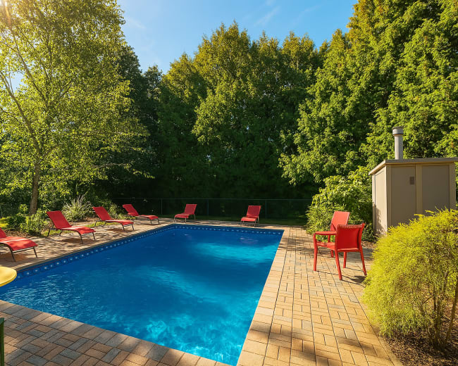 A rectangular swimming pool with lounge chairs surrounds it, set within a landscaped area with trees.