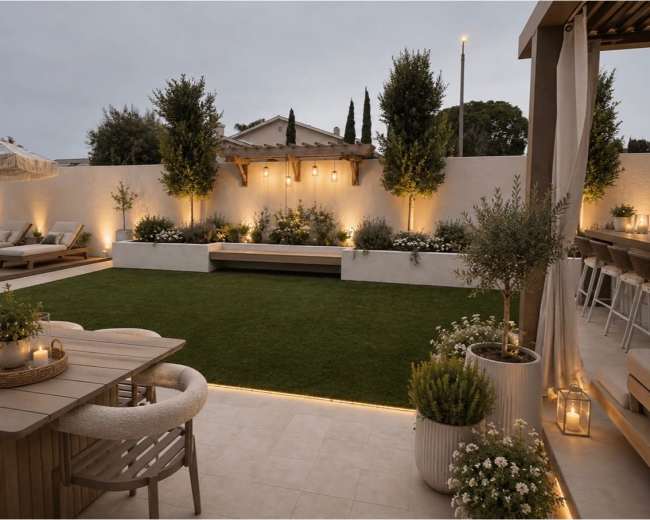 The image showcases a landscaped garden area featuring a manicured lawn, decorative plants, and seating arrangements under soft evening lighting.