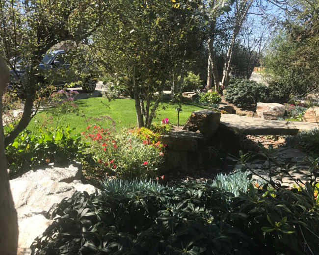 A well-kept garden features a variety of plants, flowers, and stone pathways alongside a neatly trimmed lawn and a parked car in the background.