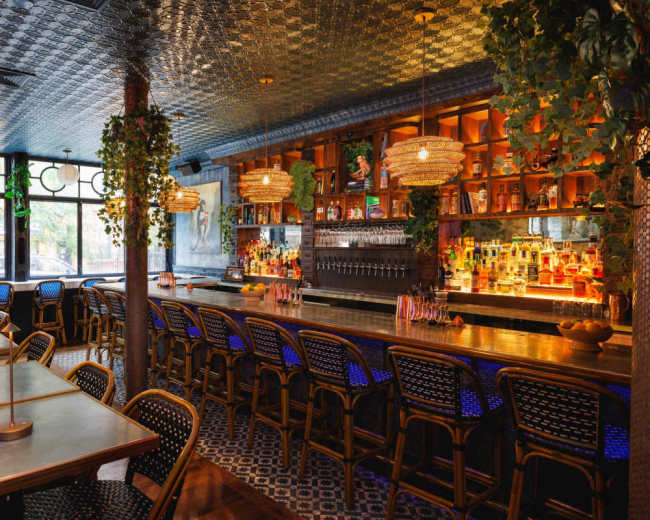 The image shows a warmly lit bar interior with wooden tables, wicker chairs, and a well-stocked bar featuring colorful liquor bottles and decorative plants.