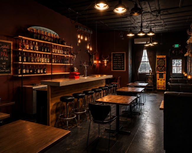 The image shows a dimly lit bar interior featuring a long wooden counter, high stools, and shelves lined with bottles, alongside dark wooden tables and booths against a maroon-painted wall.