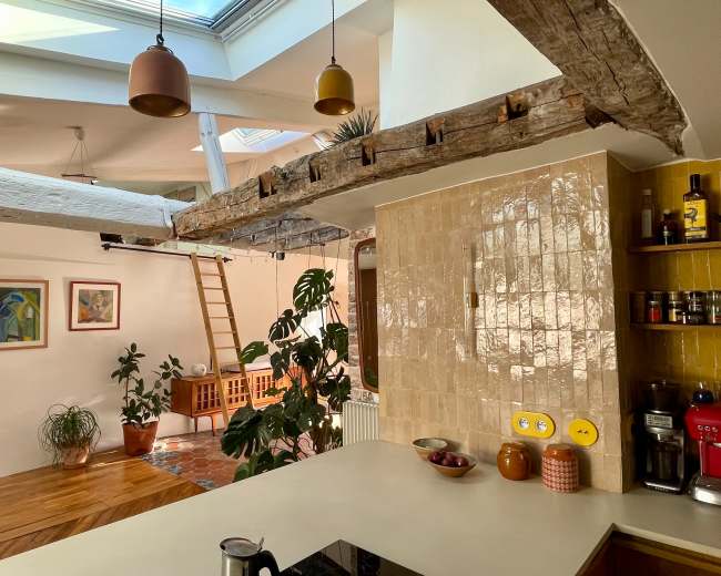 The image shows a bright, open kitchen area with wooden beams, a modern countertop, and plants, alongside a living space featuring framed artwork and a ladder leading to an upper level.