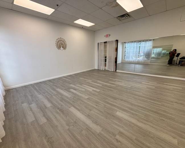 The image shows an empty studio space with light gray flooring and a large mirror on one wall, along with sheer curtains on another.