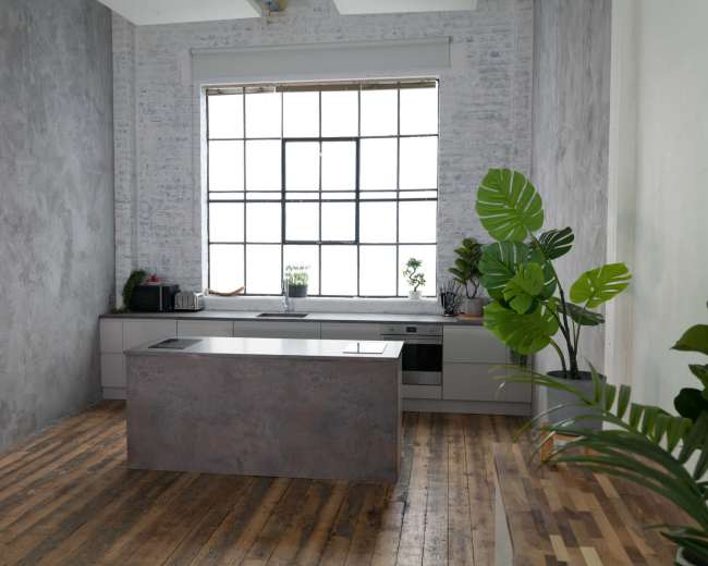 The image shows a minimalist kitchen with a central island, a large window, and potted plants, set against a textured gray wall and wooden floor.