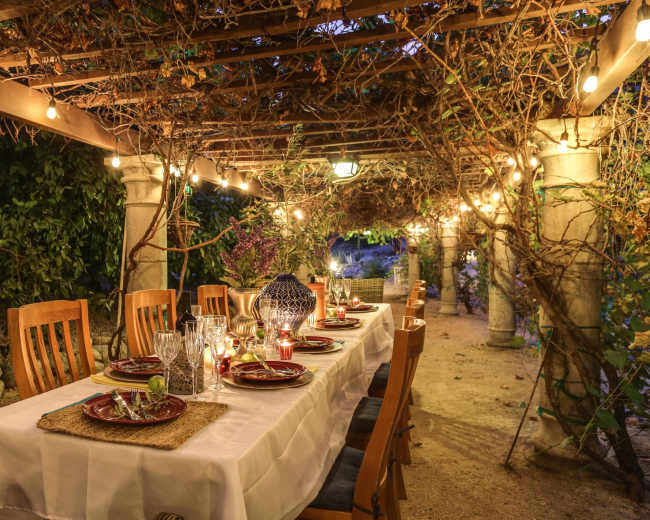 A beautifully set dining table is arranged under a vine-covered pergola, illuminated by string lights.