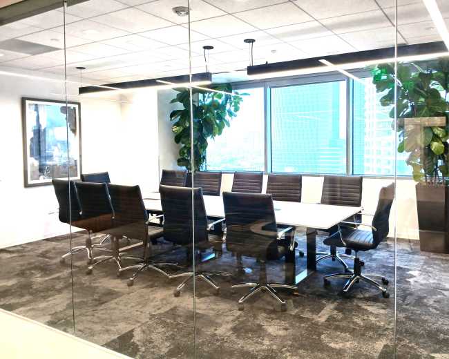 A modern conference room features a large, rectangular table surrounded by black chairs, with windows showcasing a city view and greenery in planters.