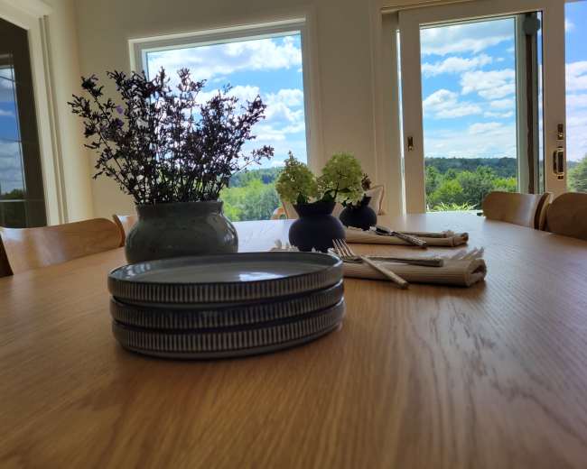 A dining table is set with stacked plates and utensils, accompanied by vases of flowers, with a scenic view of greenery and clouds through large windows.