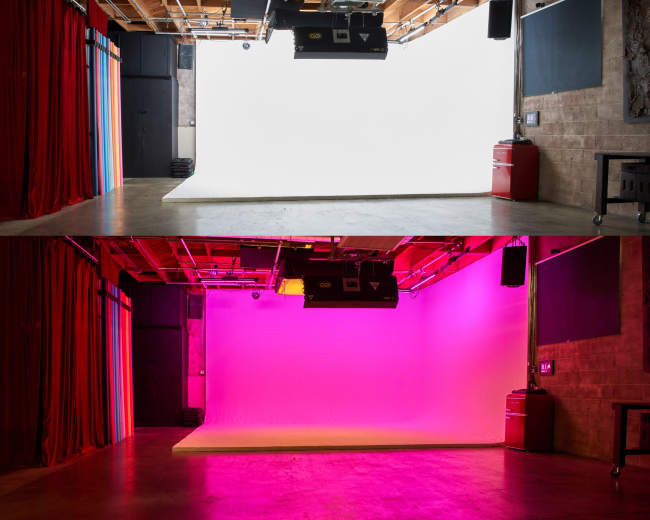The image shows two contrasting studio setups with a blank backdrop: one with a bright white screen above and another with a vibrant pink screen below, separated by a horizontal divide.
