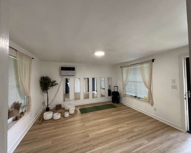 The room features a light wooden floor, mirrors on one wall, yoga mats, and a few plants arranged along the windows.