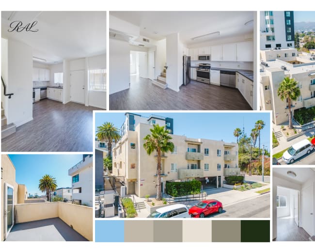 The image showcases a modern multi-story building with apartments, featuring an open floor plan, a kitchen area, and a balcony, surrounded by palm trees and parked cars.