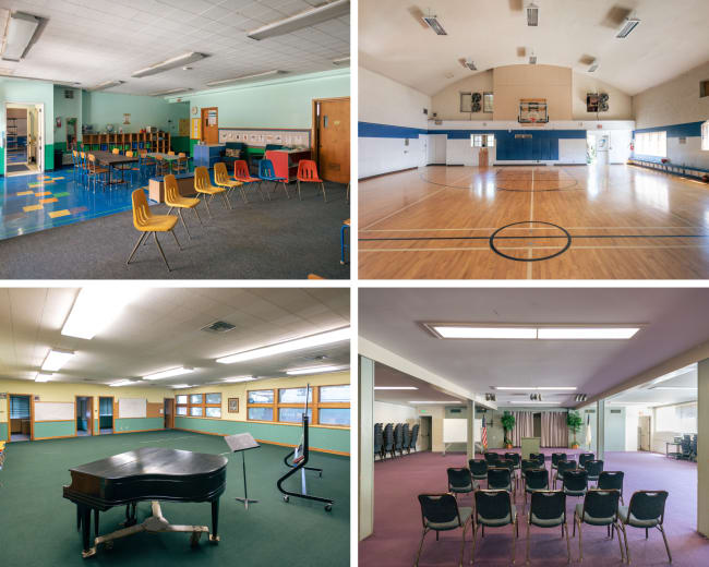 Four sections of a school facility, including a classroom with chairs, a gymnasium with basketball equipment, a room with a piano and music stand, and an assembly area with seats arranged for an audience.