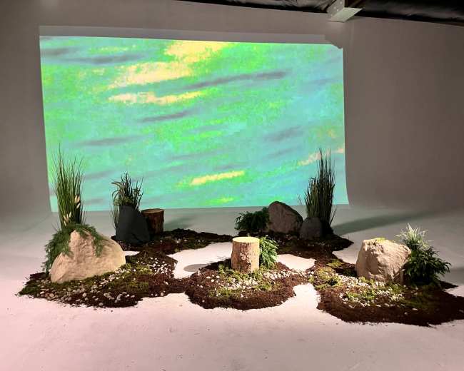 The scene features a landscaped area with rocks, stumps, and greenery, in front of a large projected abstract background.