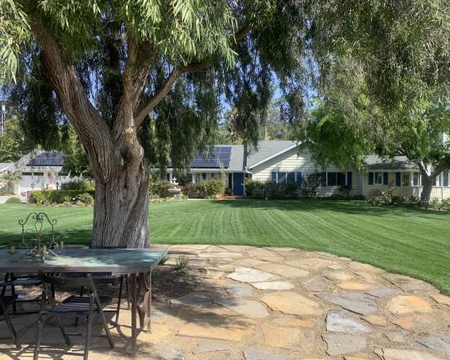 A well-maintained lawn beside a stone patio with a table and chairs, framed by a large tree and a house featuring solar panels on the roof.